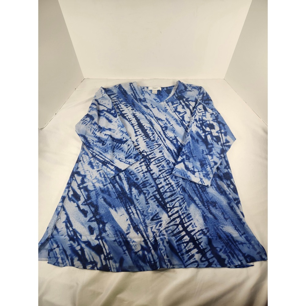 CJ‎ Banks Womens Blue White Tie Dye Rhinestone Shimmer Tunic Top Size X V-Neck